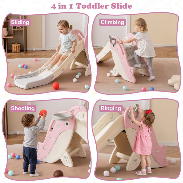 A children's slide in a bright room with three kids playing on it. The slide is white and pink with a playful animal face on the side, set on a light rug with wooden flooring and wall shelves in the background.