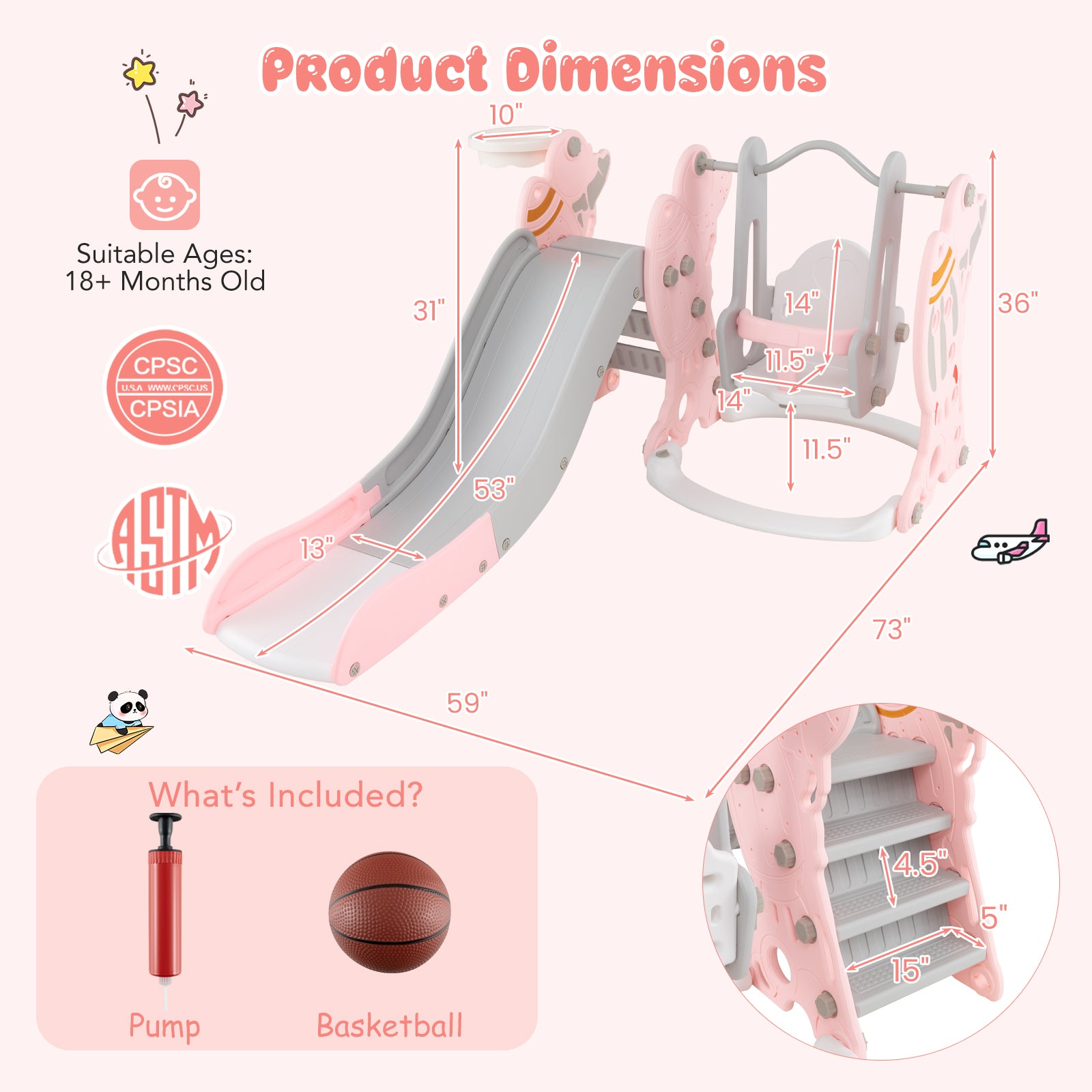 Dimensions and features of a children's playset with slide and swing, including product dimensions and included items.