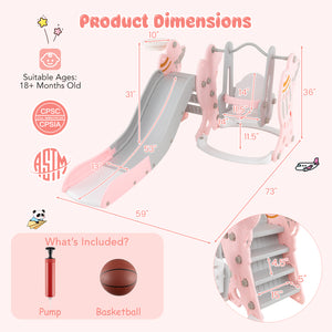 Dimensions and features of a children's playset with slide and swing, including product dimensions and included items.
