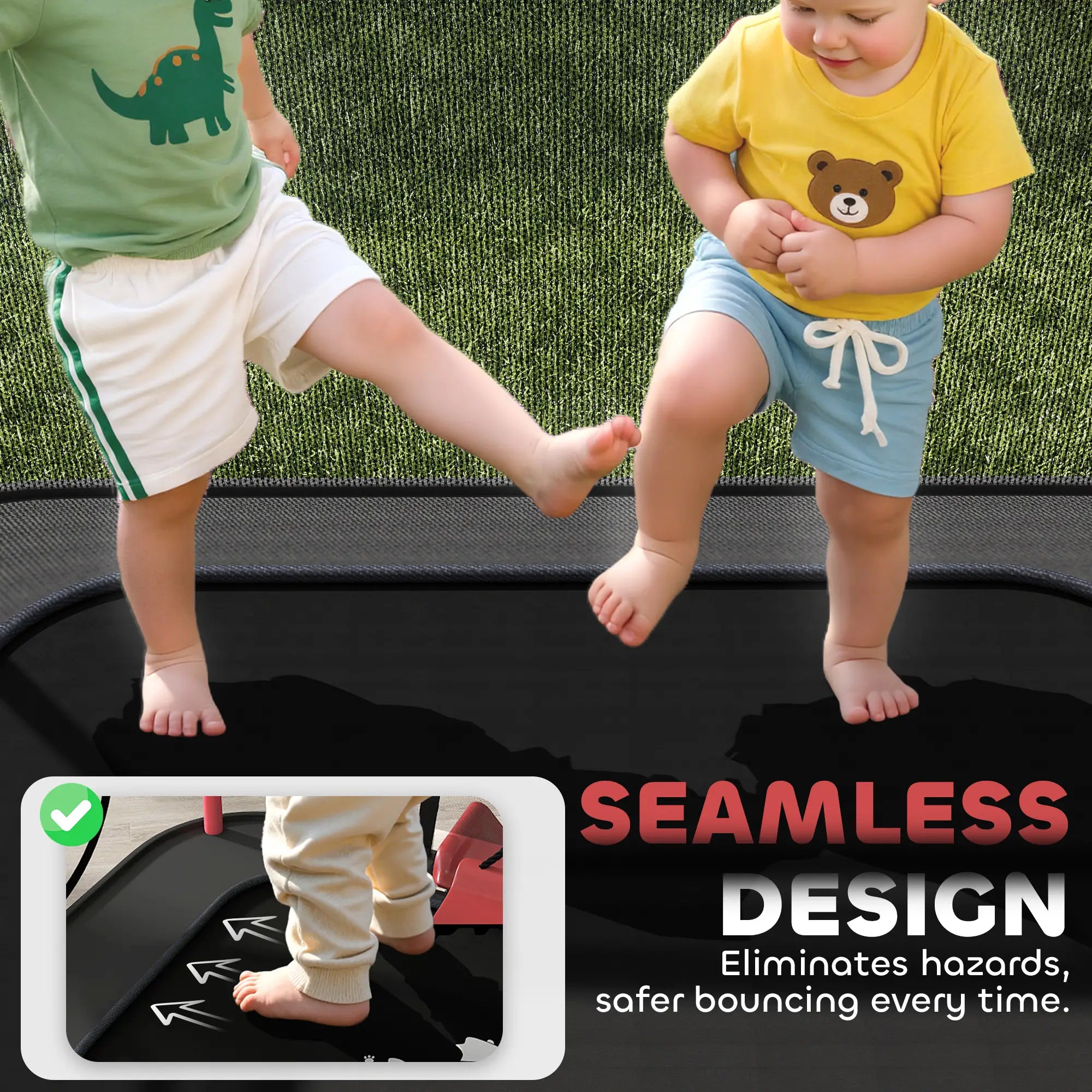 Two children on a trampoline with a focus on safety design feature.