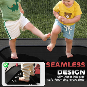 Two children on a trampoline with a focus on safety design feature.