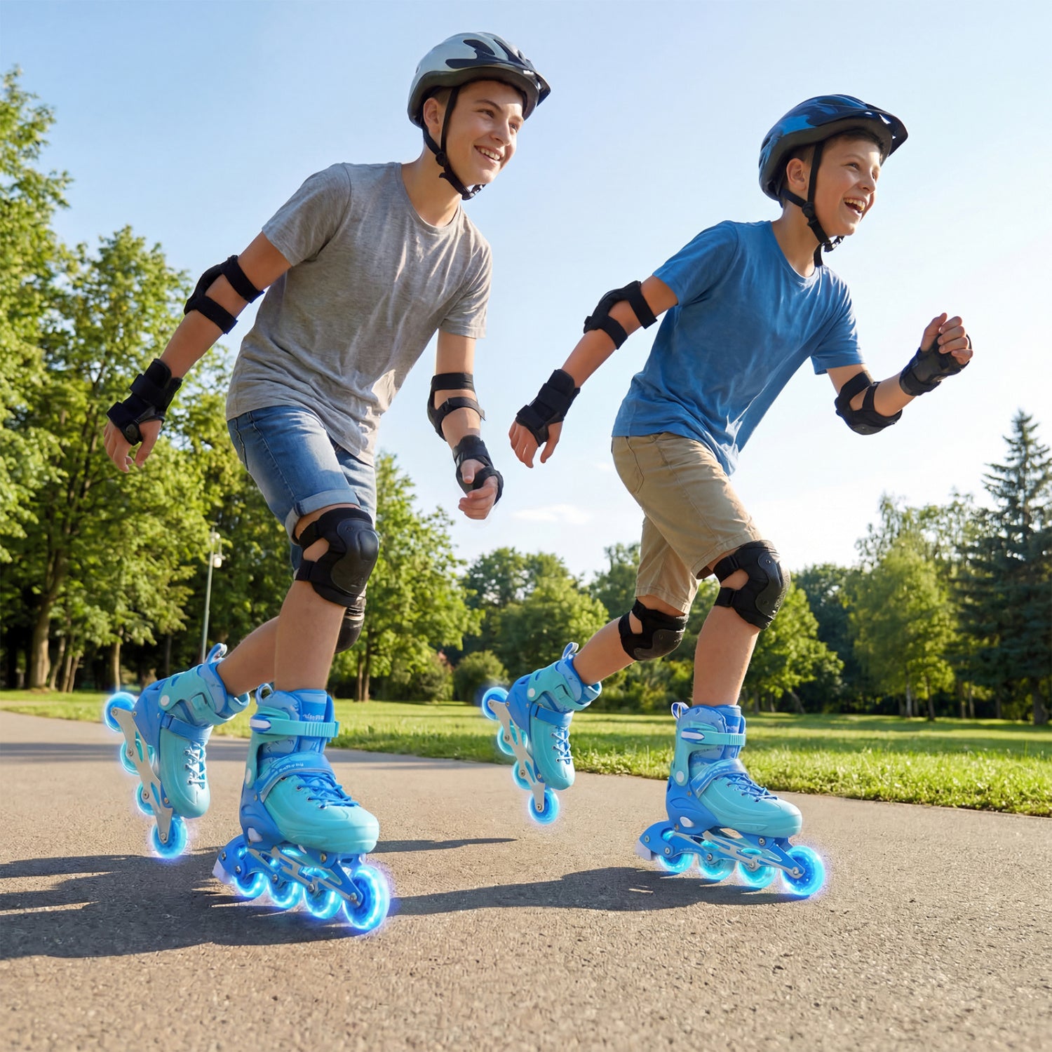 Two children rollerblading outdoors on a sunny day with trees in the background.