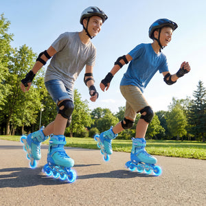 Two children rollerblading outdoors on a sunny day with trees in the background.