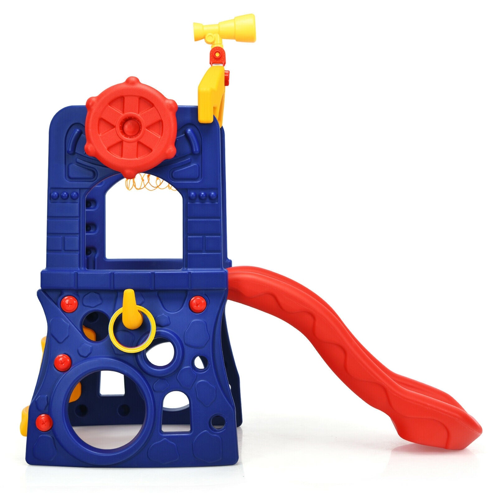 Colorful toy slide with blue base, red slide, and yellow accents on a white background