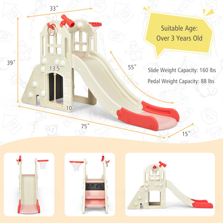 Children's slide with measurements and suitability for age group on a white background