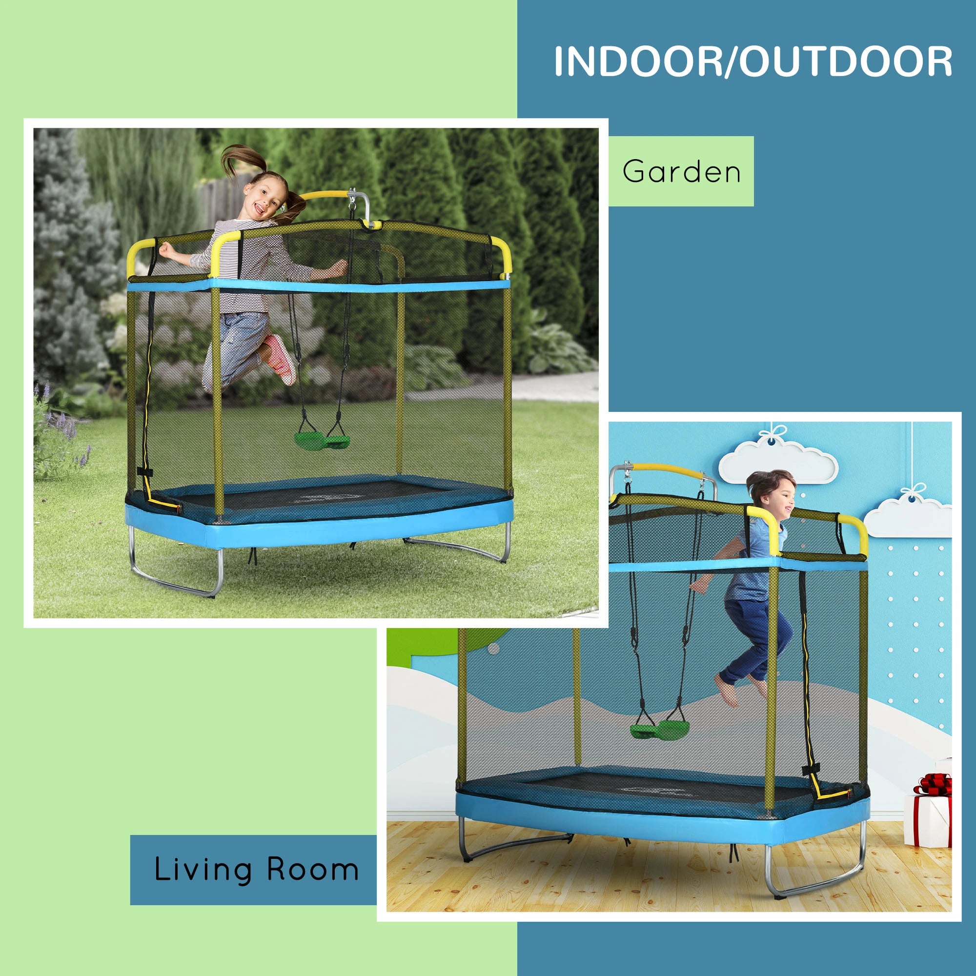 Trampoline with swing set for indoor and outdoor use, shown in garden and living room settings.