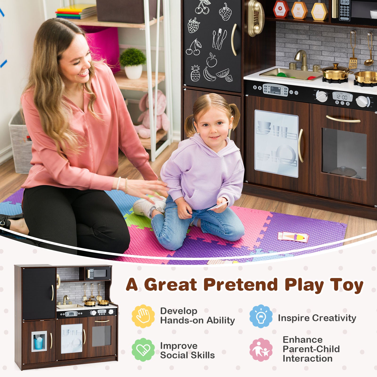 Indoor pretend kitchen for toddlers with engaging learning activities