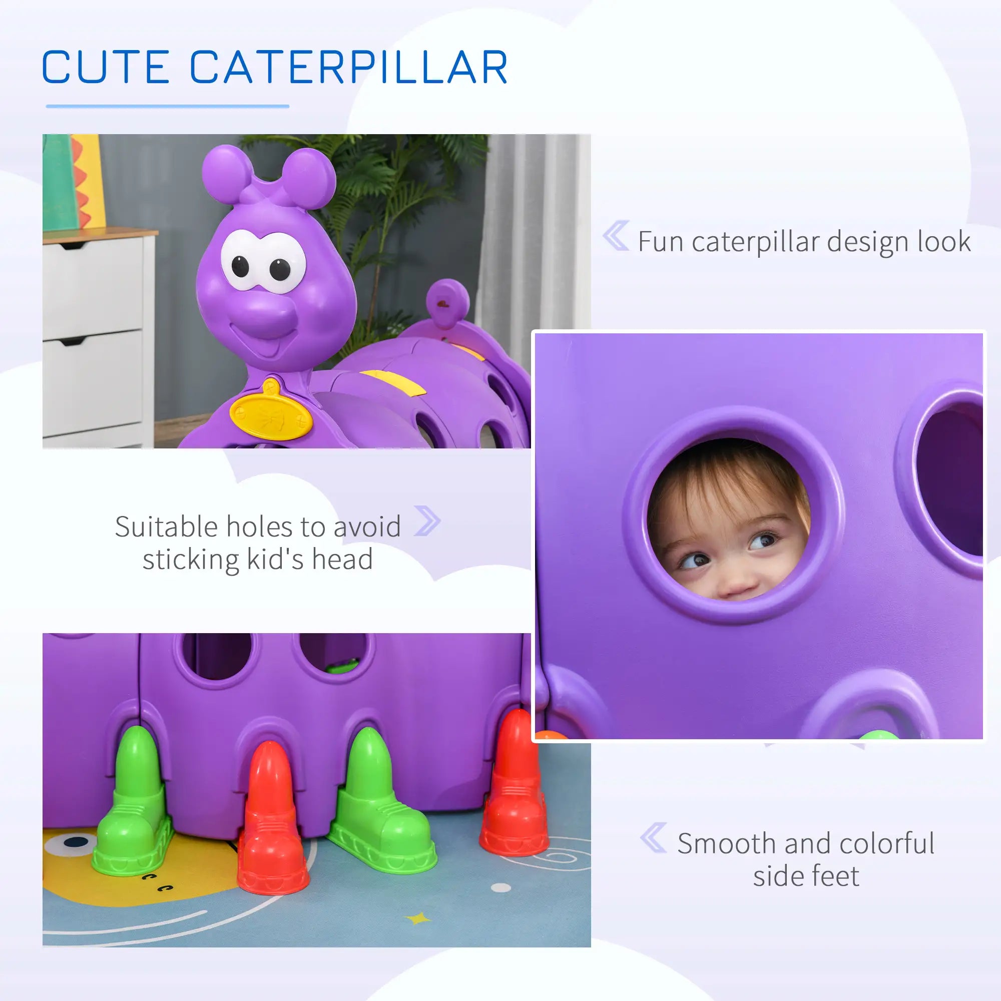 Purple caterpillar-shaped play structure with safety features and a child peeking through one of the holes.