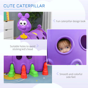 Purple caterpillar-shaped play structure with safety features and a child peeking through one of the holes.
