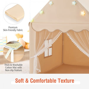 Children's play tent with text highlighting premium skin-friendly fabric and thick washable cotton mat.