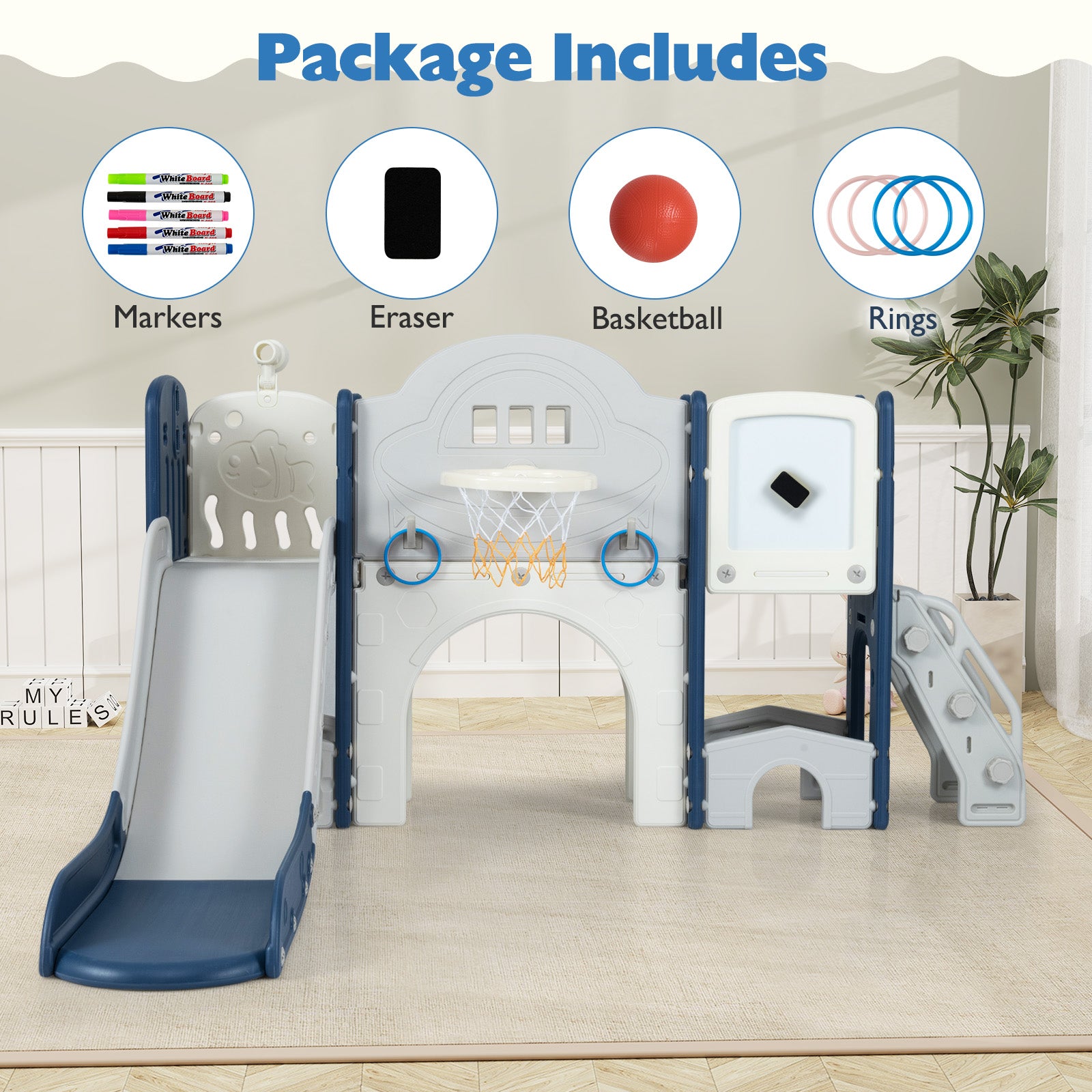 Toddler indoor playground with built-in storage compartments