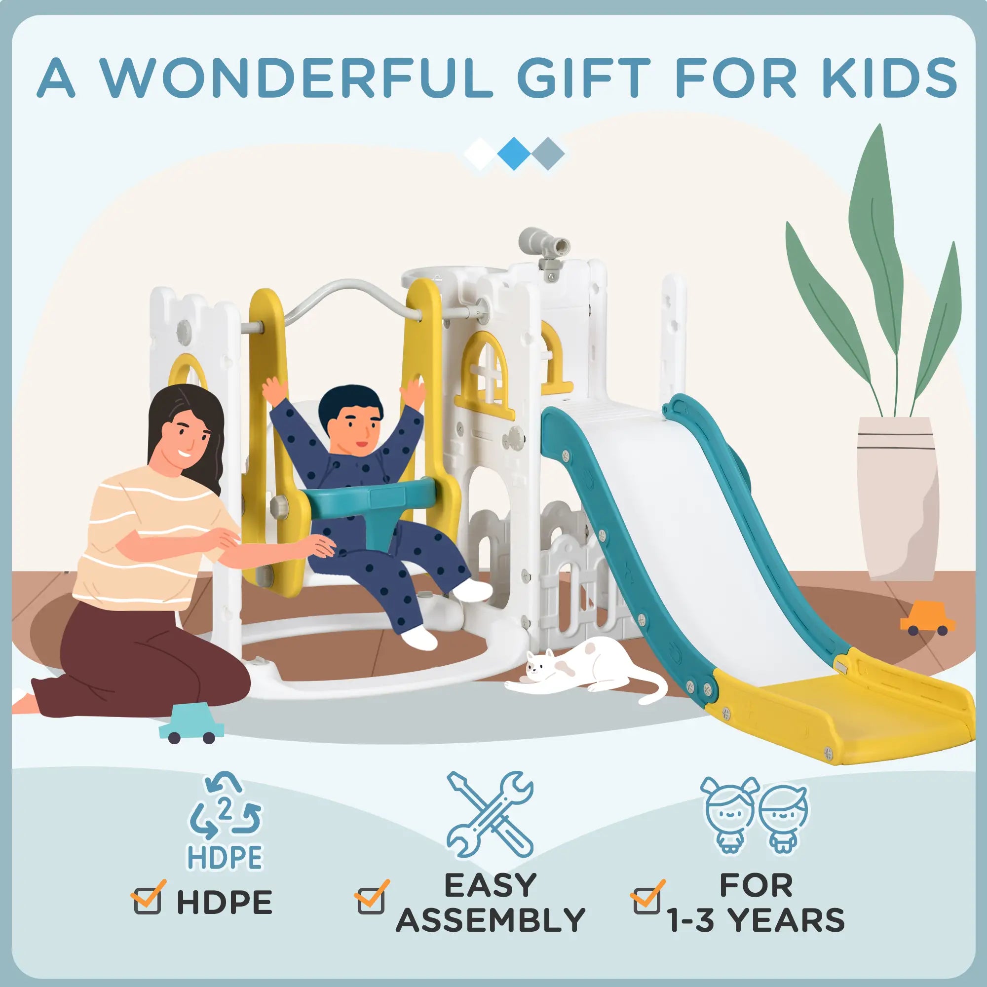 Children playing on a playground set with text about it being a wonderful gift for kids.