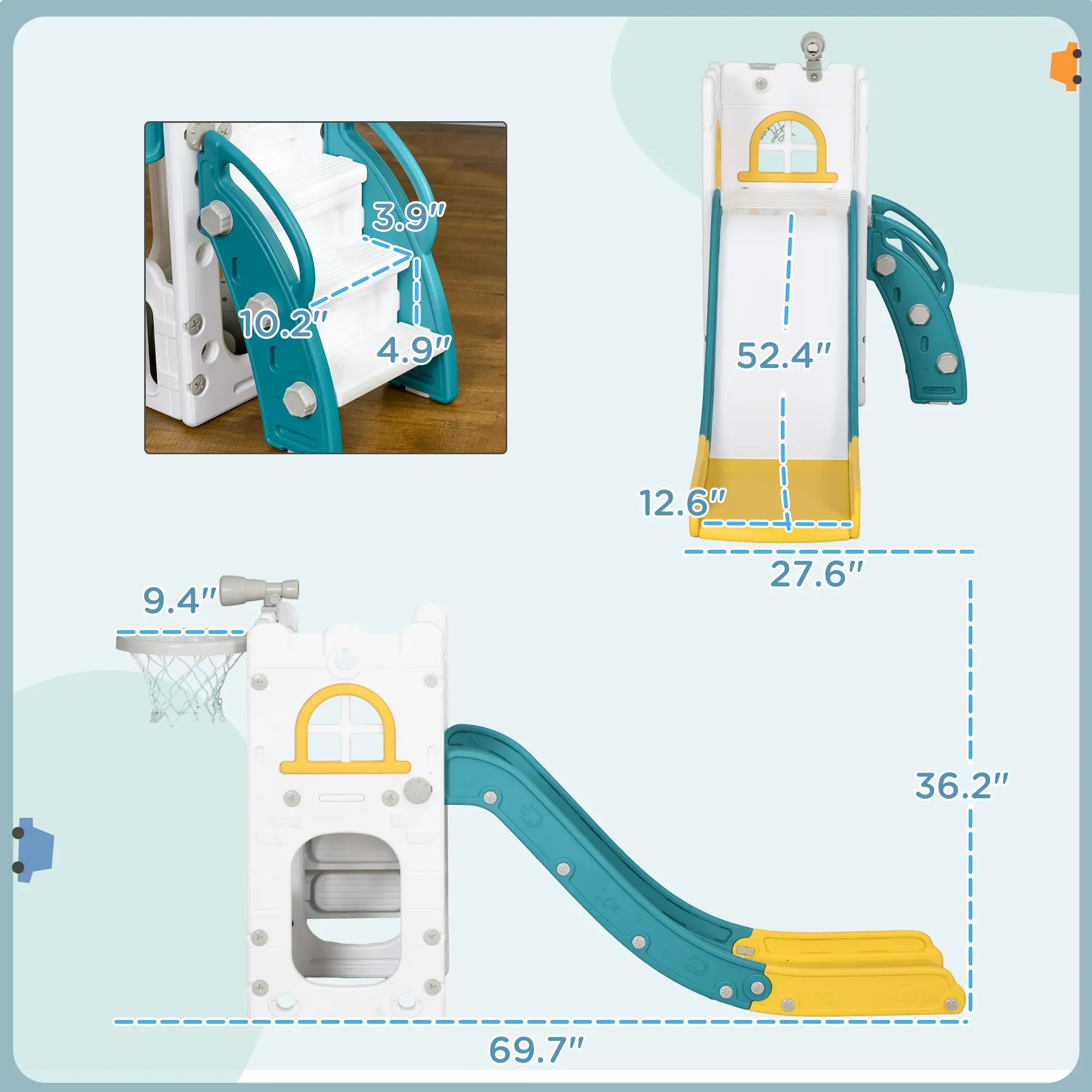 Children's play structure with measurements on a light blue background