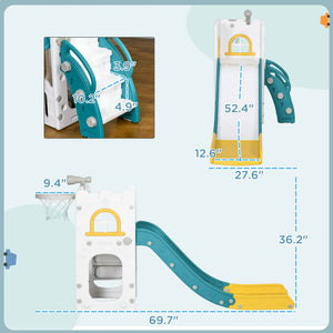 Children's play structure with measurements on a light blue background