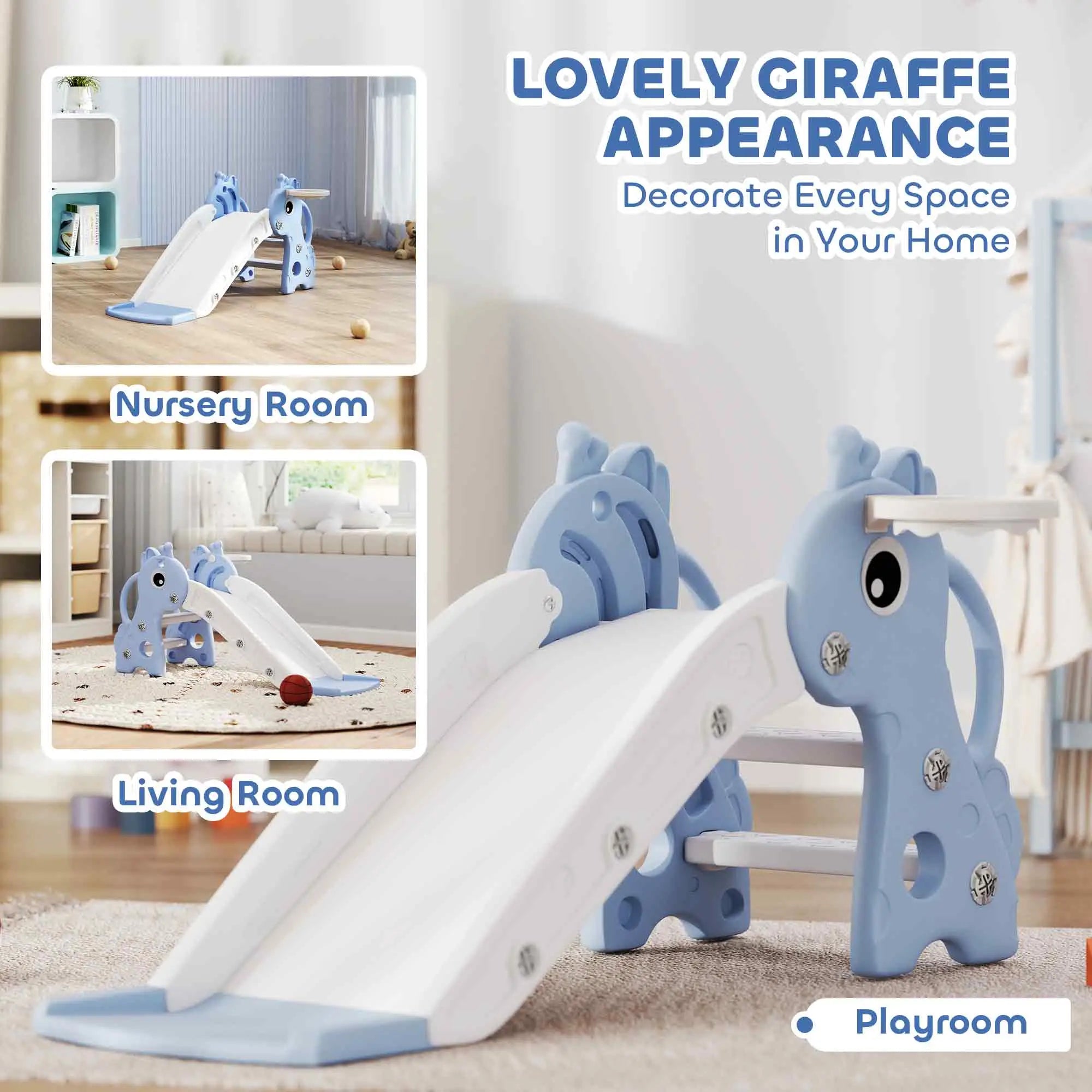 Children's slide with giraffe design in a home setting, suitable for nursery, living, and playroom.