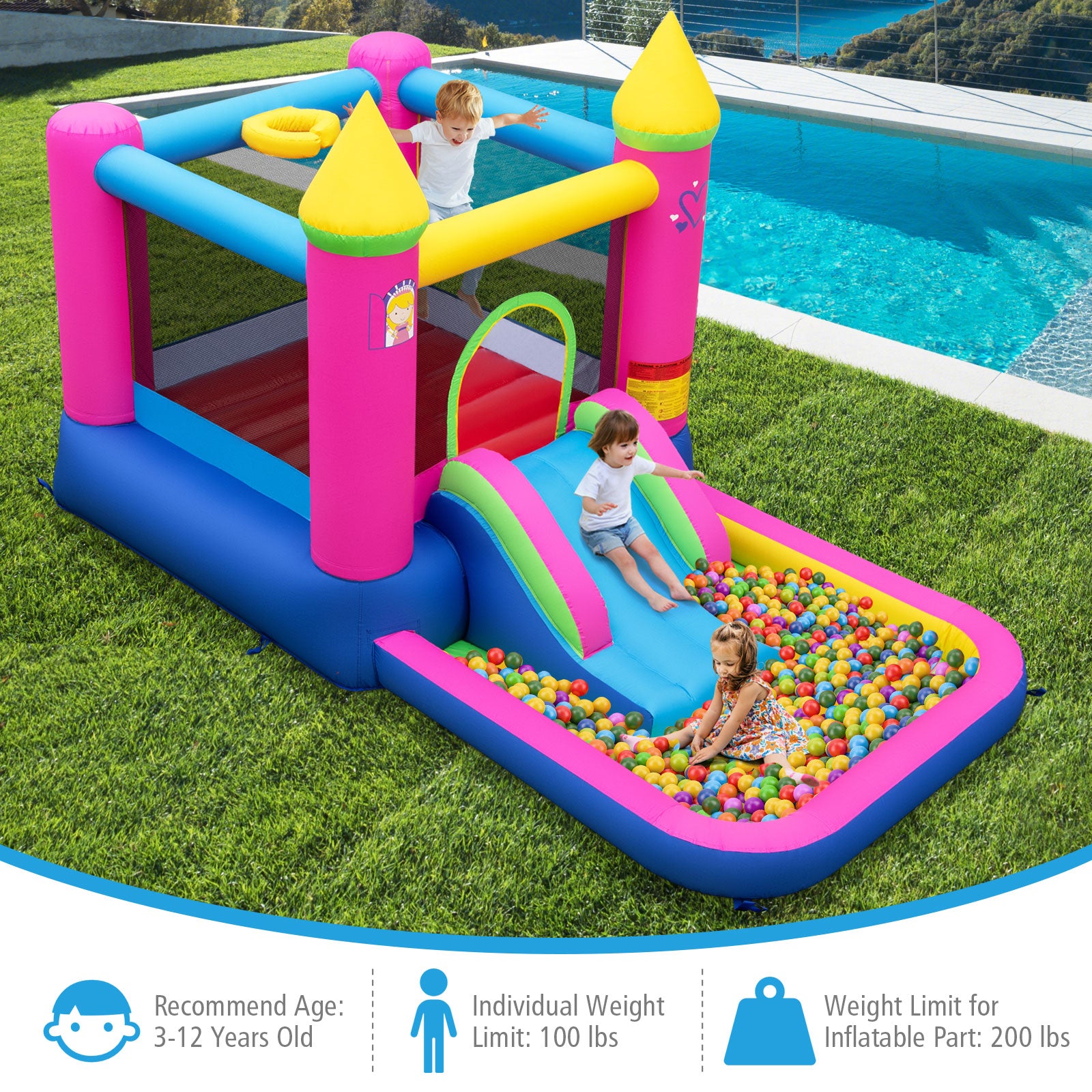 Children playing on an inflatable playground structure with a pool in the background