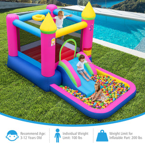 Children playing on an inflatable playground structure with a pool in the background