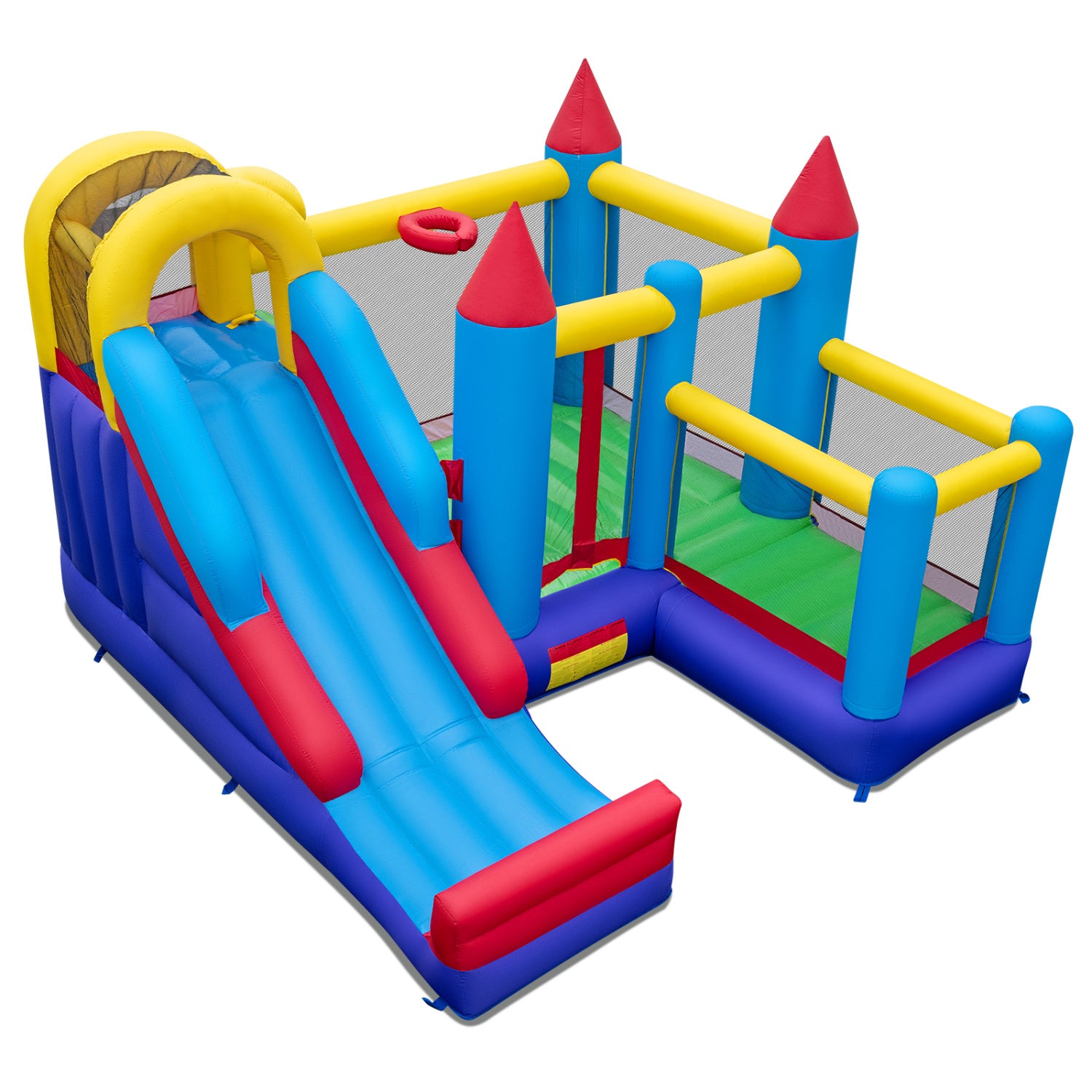 Colorful inflatable playground with slide and castle design on a white background