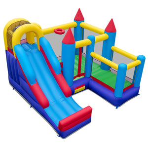 Colorful inflatable playground with slide and castle design on a white background