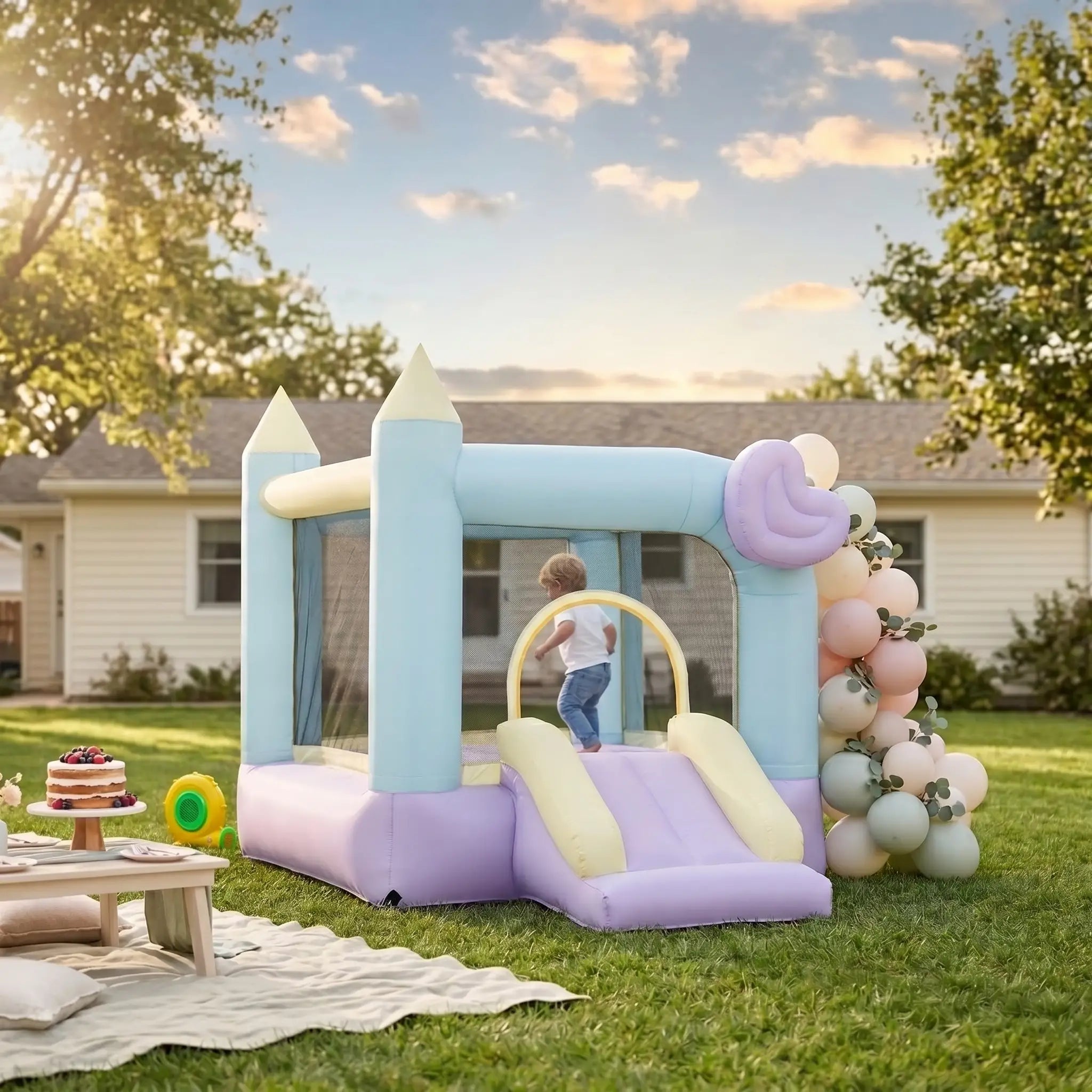 A pastel inflatable bounce house with a slide and arch stands on a grassy backyard lawn in front of a house. A child is playing inside, and a balloon garland, picnic blanket, and small table with a cake are visible nearby.