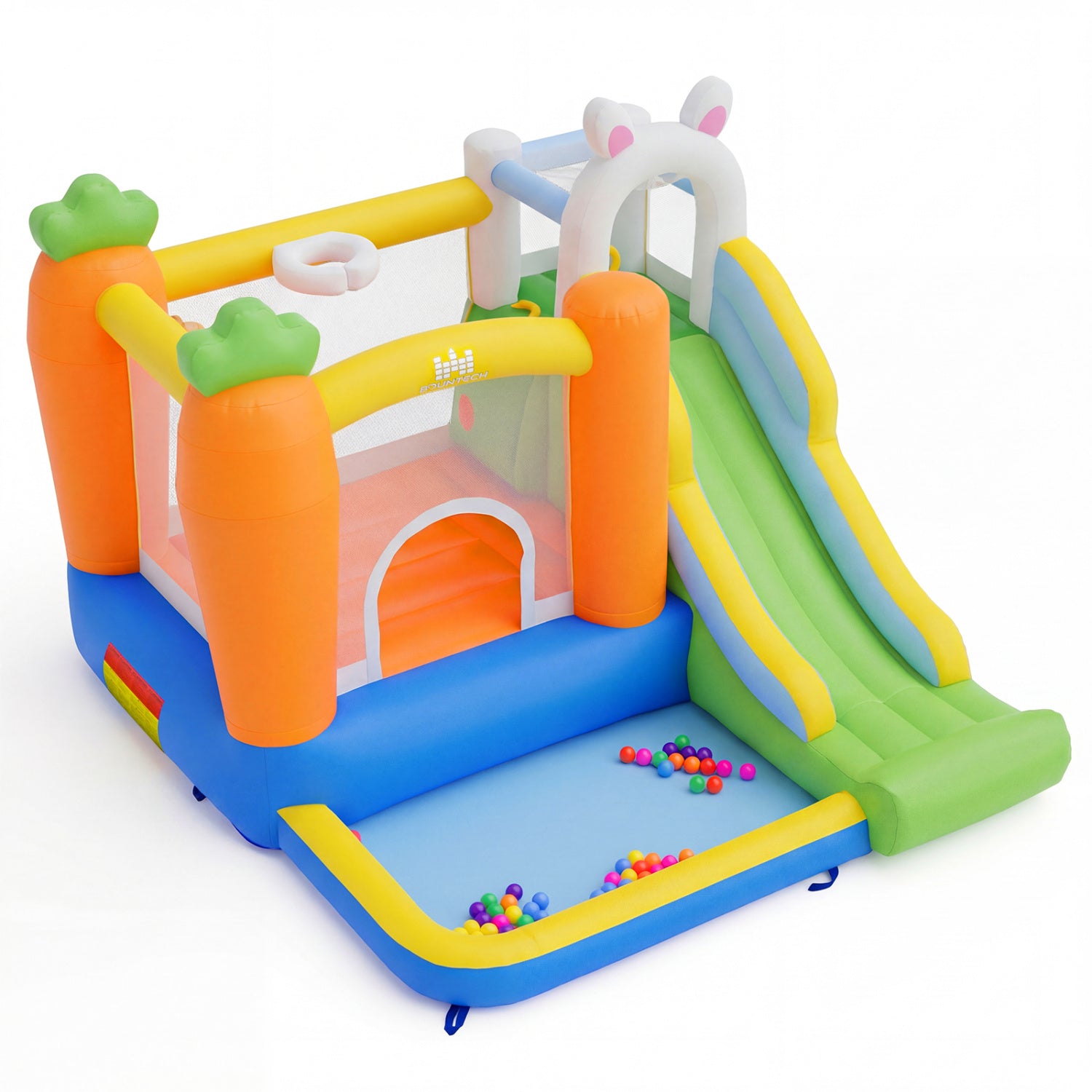 Inflatable bounce house with climbing wall and long slide