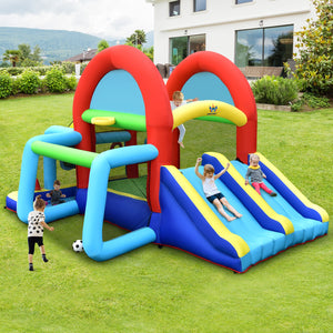 Children playing on a colorful inflatable playground structure in a backyard.