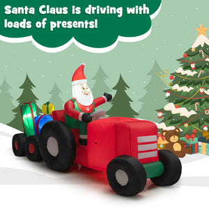 Outdoor inflatable Christmas decoration with Santa holding presents and bright LED lights.