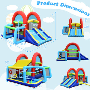 Colorful inflatable playground with dimensions on a blue background