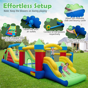 Inflatable bounce house with slide and bouncy castle on grass, setup instructions displayed.