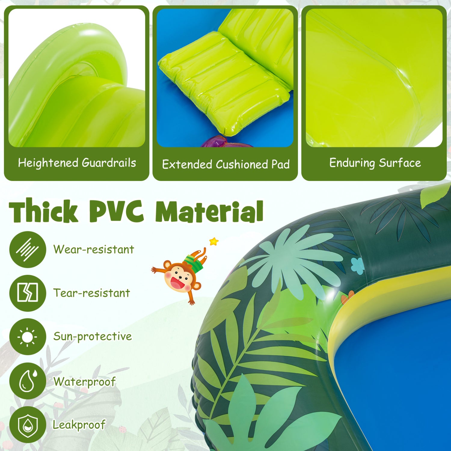 Inflatable pool toy with green leaf design, featuring heighted guardrails, extended cushioned pad, and enduring surface. Thick PVC material features listed.