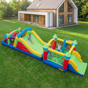 Children playing on a colorful inflatable playground set in front of a house.