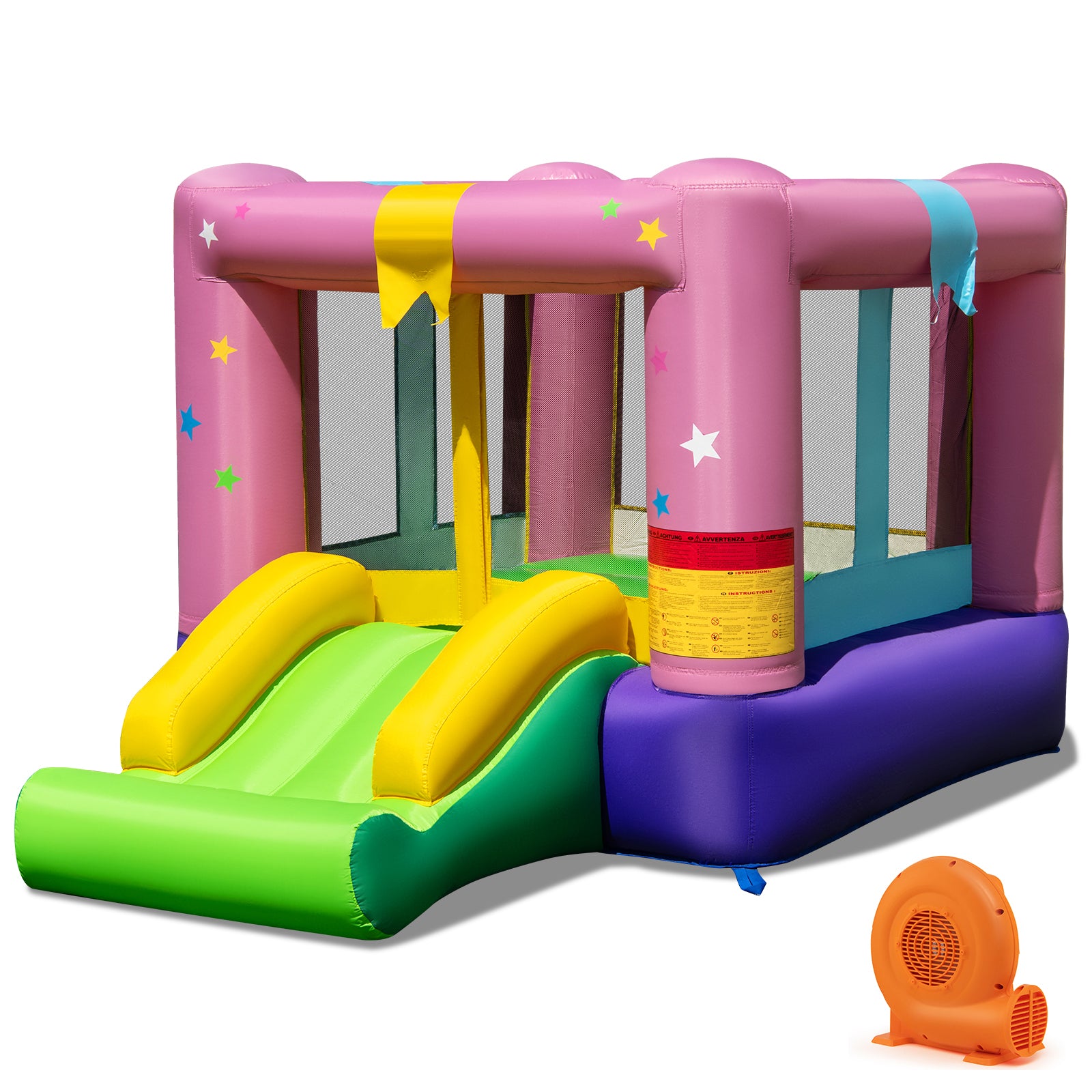 Complete inflatable play center with bounce, slide, and basketball hoop