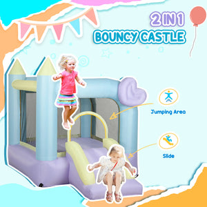 2-in-1 bouncy castle with jumping area and slide, featuring a child jumping and another sitting on the slide.