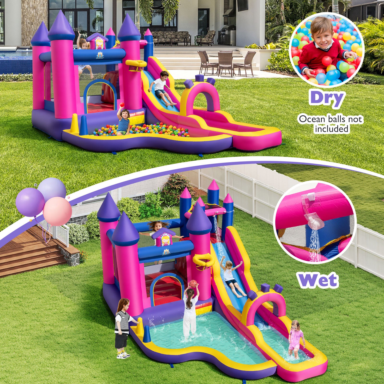 Inflatable castle with slide and water pool on grass, children playing, outdoor setting.
