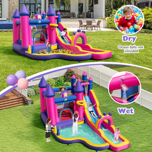 Inflatable castle with slide and water pool on grass, children playing, outdoor setting.