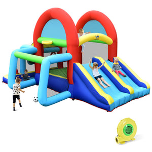 Colorful inflatable playground with slide and arches on a white background