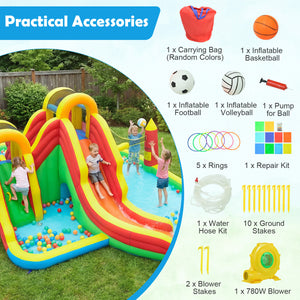 Inflatable playground with accessories including a carrying bag, basketball, football, volleyball, pump, rings, repair kit, water hose kit, ground stakes, blower, and blower stakes.