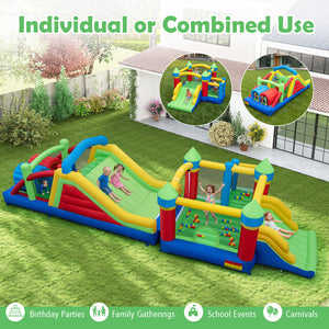 Colorful inflatable obstacle course with slide on grass, children playing, and text about use cases.
