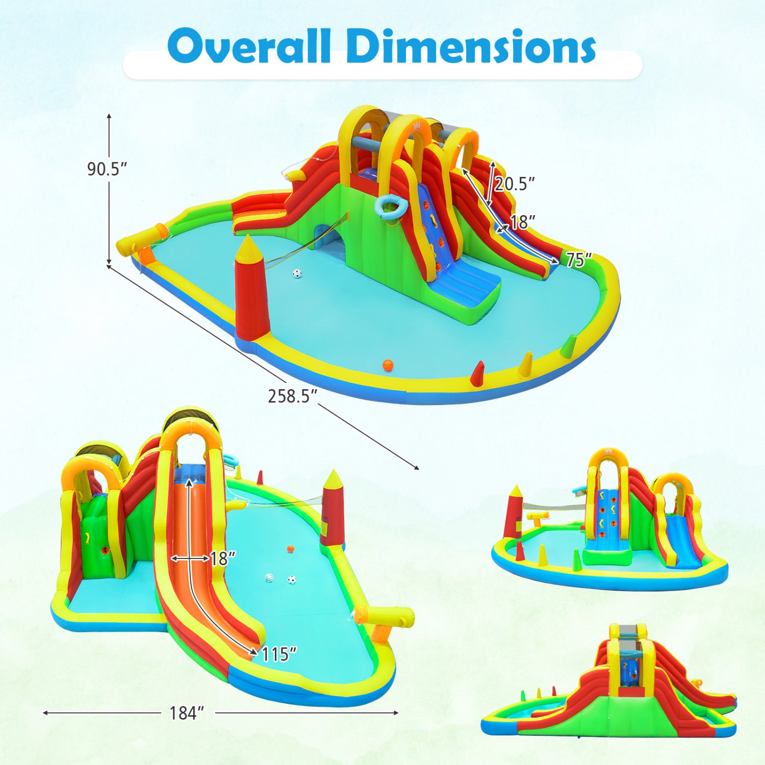 Colorful inflatable water park with dimensions labeled on a light blue background