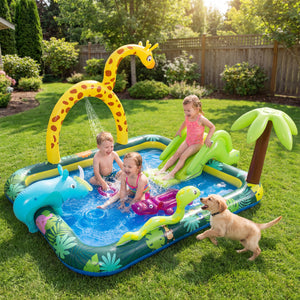 Children playing in an inflatable pool with a giraffe and palm tree design in a backyard.