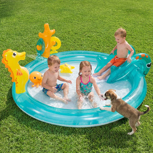 Side view of inflatable splash pool with slide