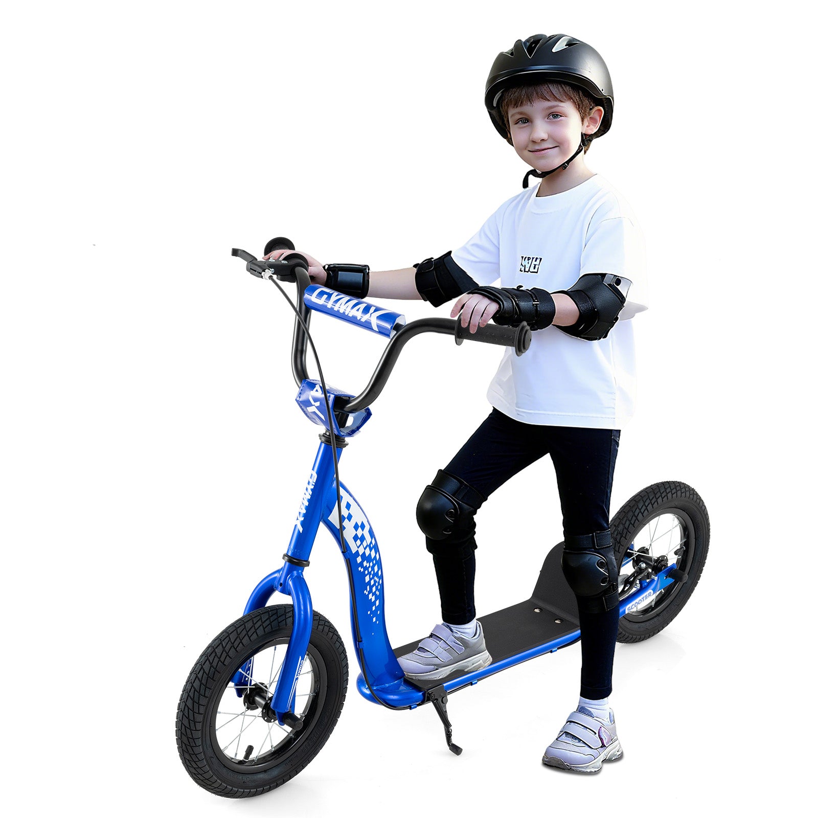 Child on a blue scooter wearing protective gear against a white background