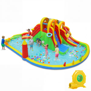 Children playing on a colorful inflatable water park with slides and ball pit.