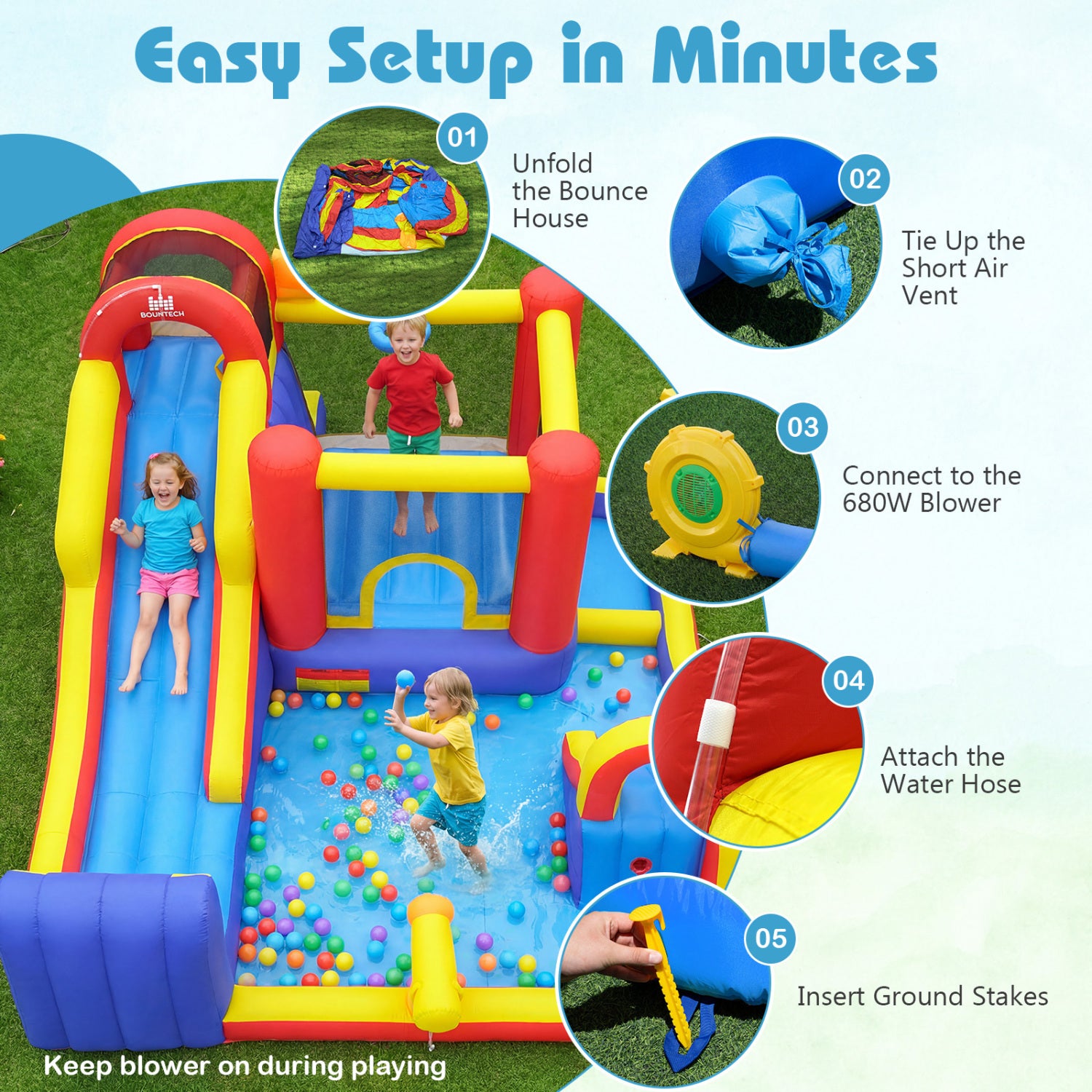 Inflatable bounce house with setup instructions on a grassy background