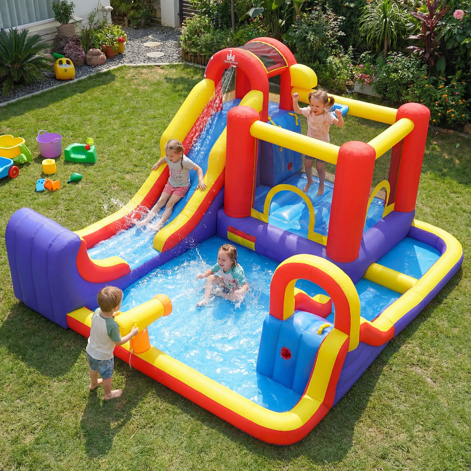 Inflatable water slide bounce house with dual slides and splash pool