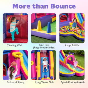 Multifunctional inflatable playground with various features like climbing wall, ring toss, ball pit, basketball hoop, water slide, and splash pool.