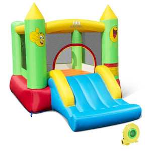 Kids playing on inflatable bouncy castle with basketball hoop

