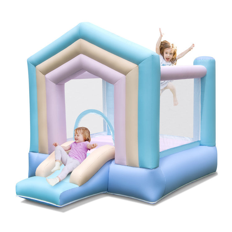 Parents watching kids through mesh walls of outdoor inflatable bounce house