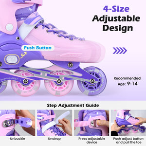 Purple and pink adjustable roller skates with step-by-step guide on how to use them.