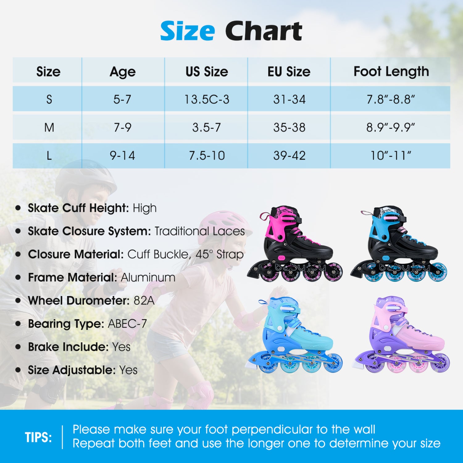 Size chart for roller skates with color options and measurements.